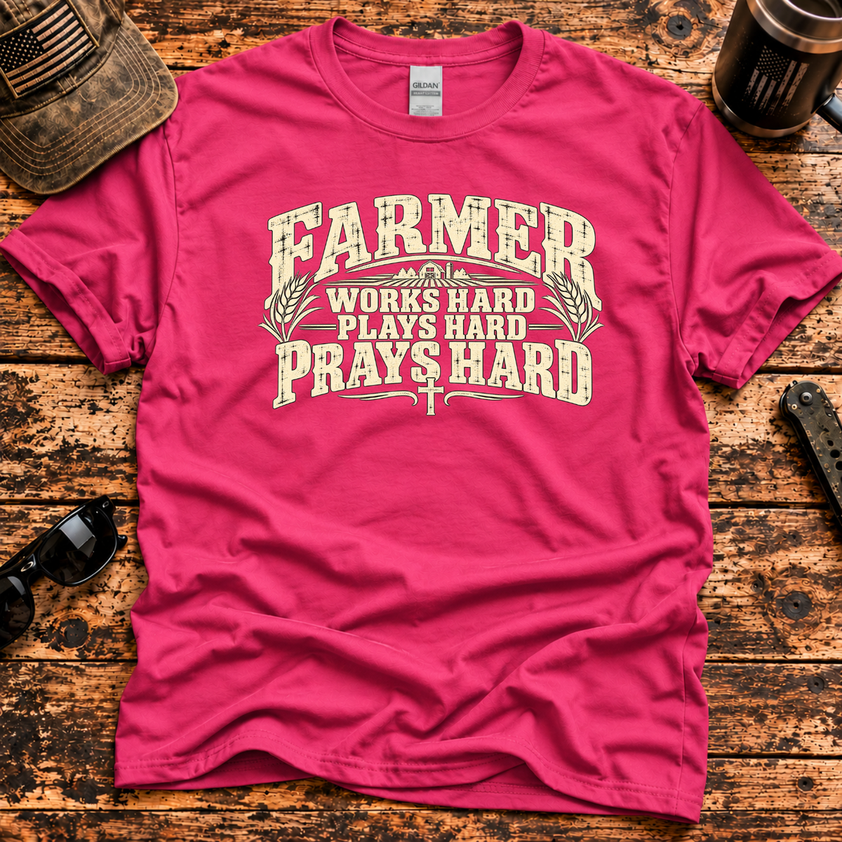 Farmer – Works Hard, Plays Hard, Prays Hard T-Shirt