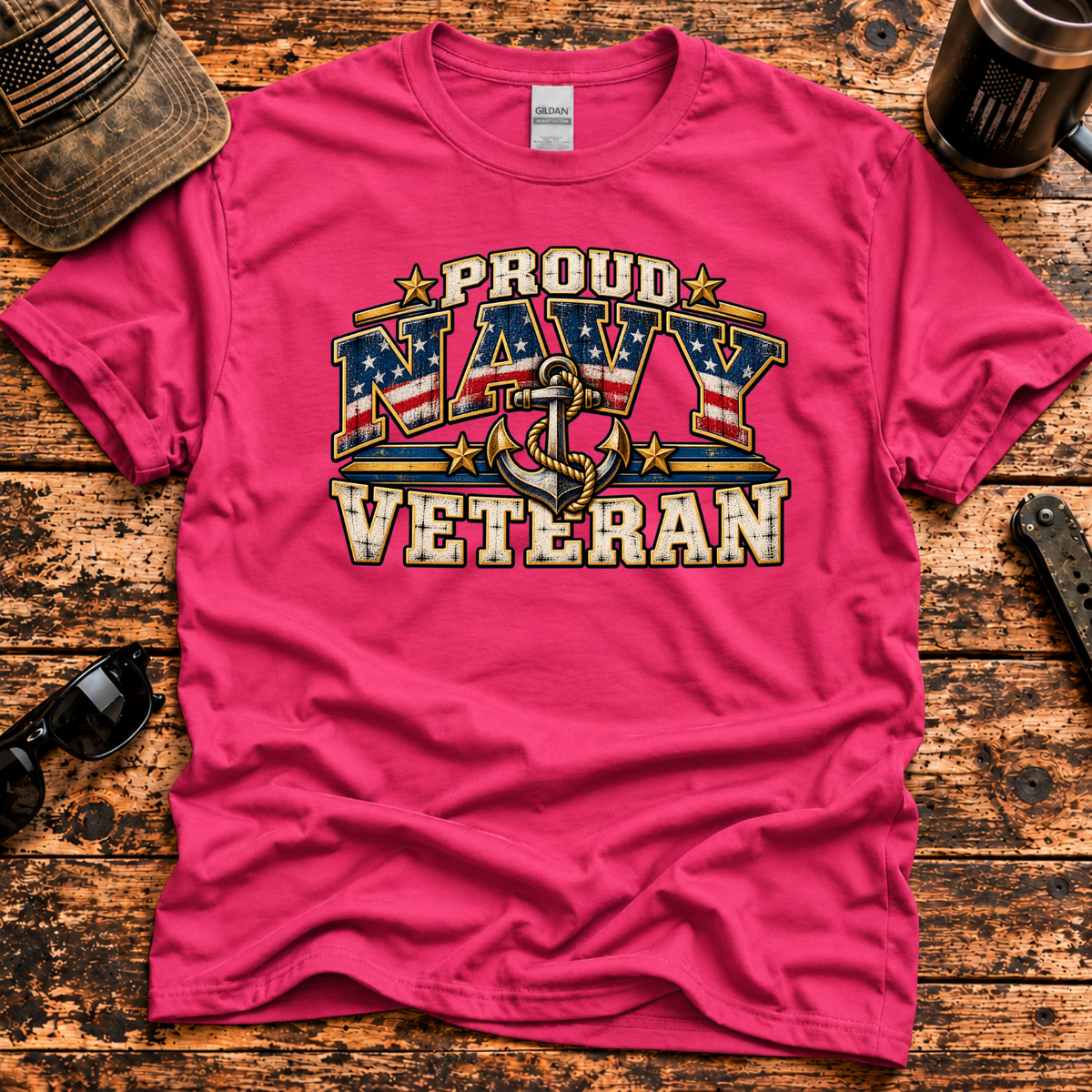 Proud Navy Veteran – Patriotic Flag & Anchor T-Shirt