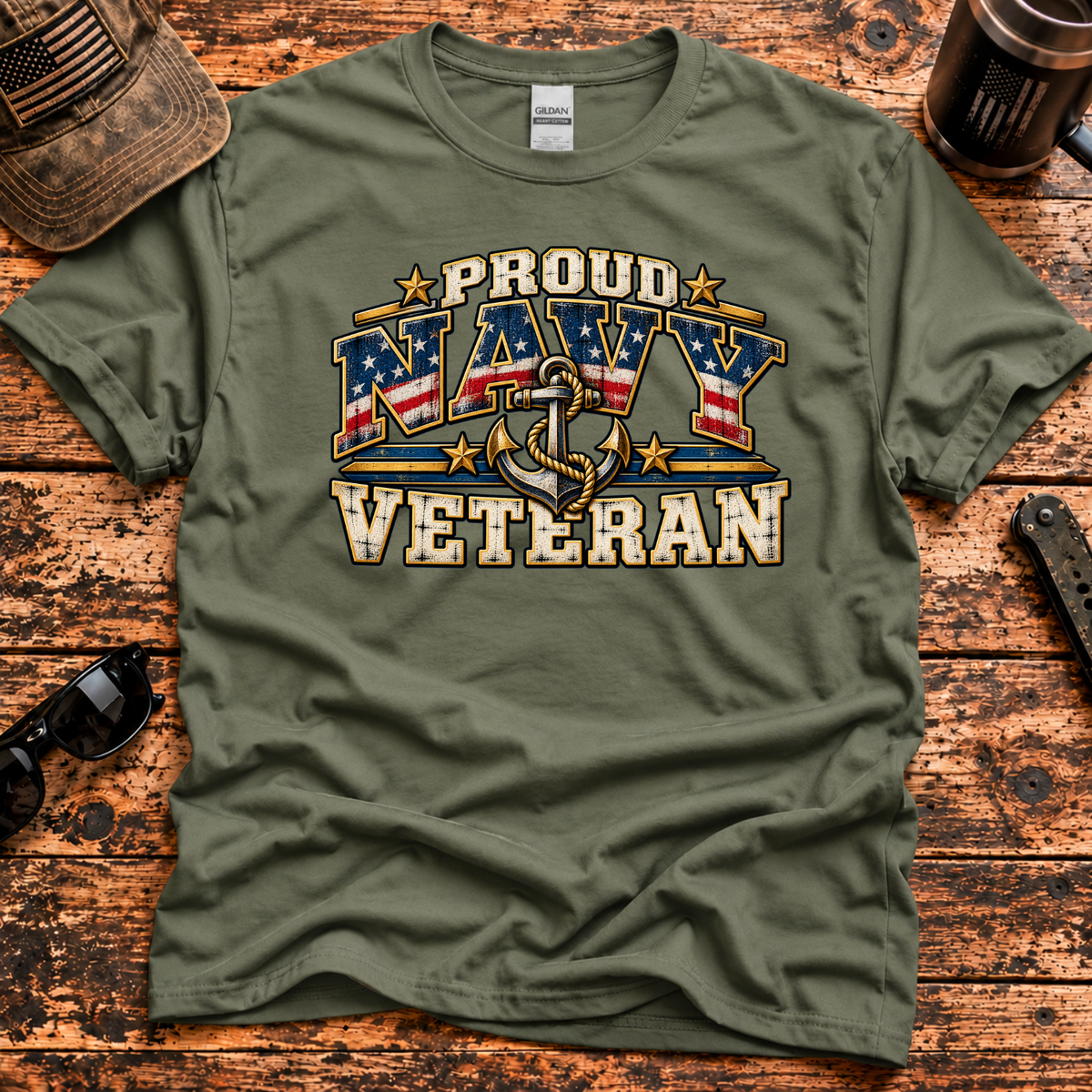 Proud Navy Veteran – Patriotic Flag & Anchor T-Shirt