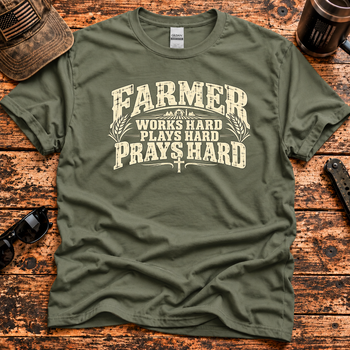 Farmer – Works Hard, Plays Hard, Prays Hard T-Shirt