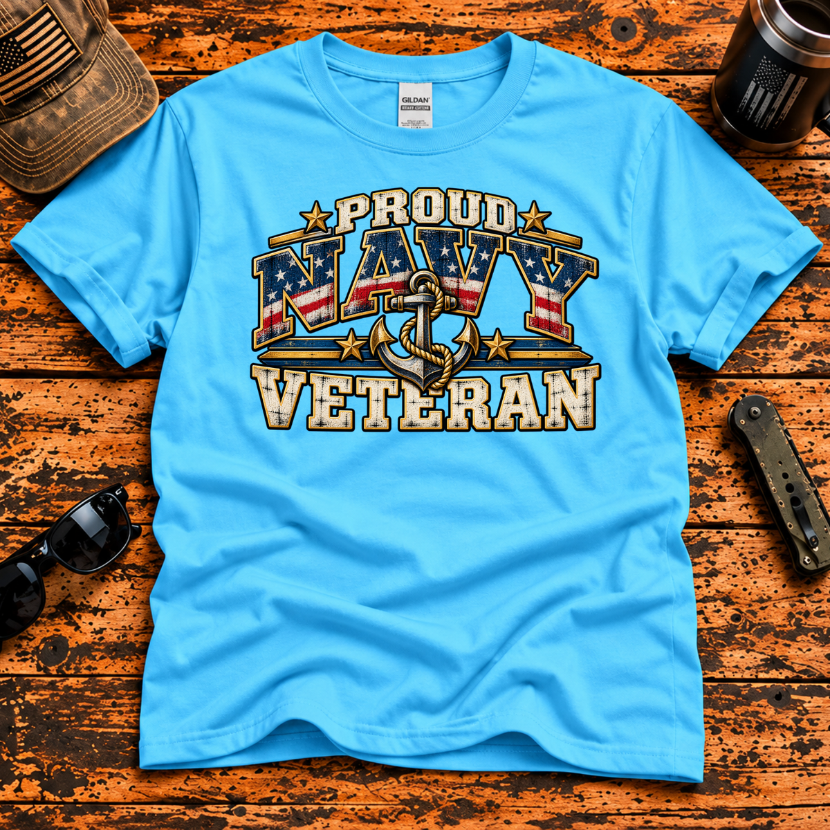 Proud Navy Veteran – Patriotic Flag & Anchor T-Shirt