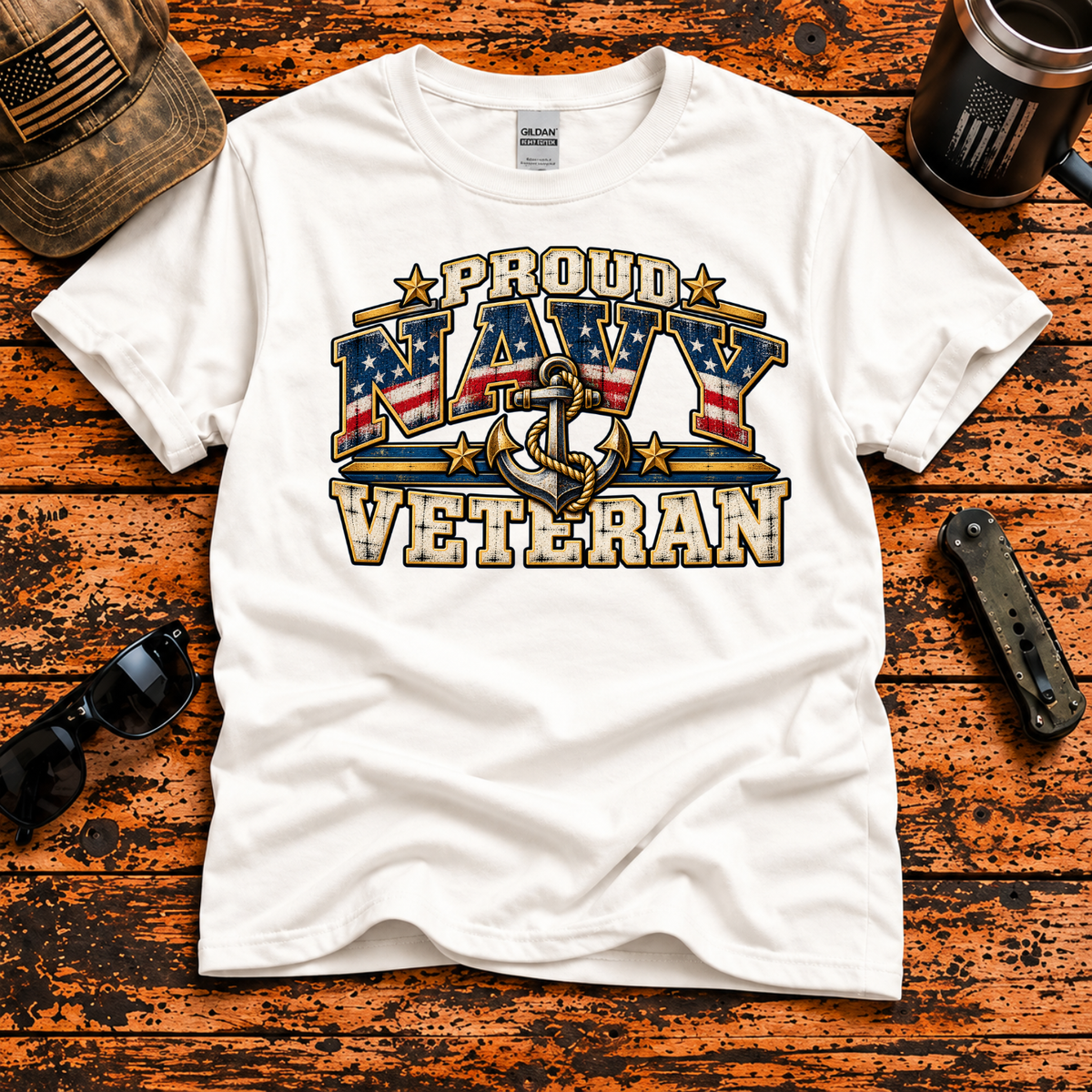 Proud Navy Veteran – Patriotic Flag & Anchor T-Shirt